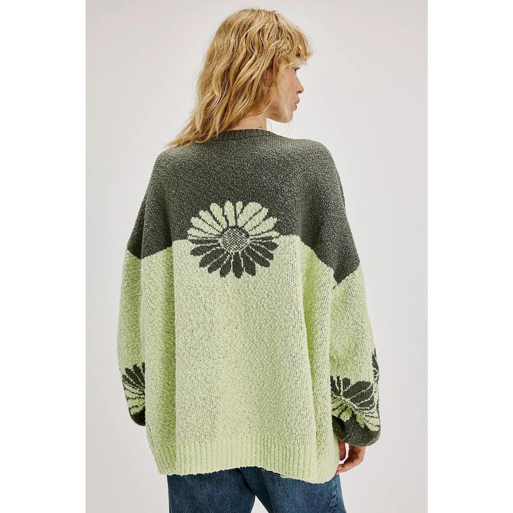 Free People Olive Green and Light Lime Floral Turtleneck Sweater - Picture 3 of 6